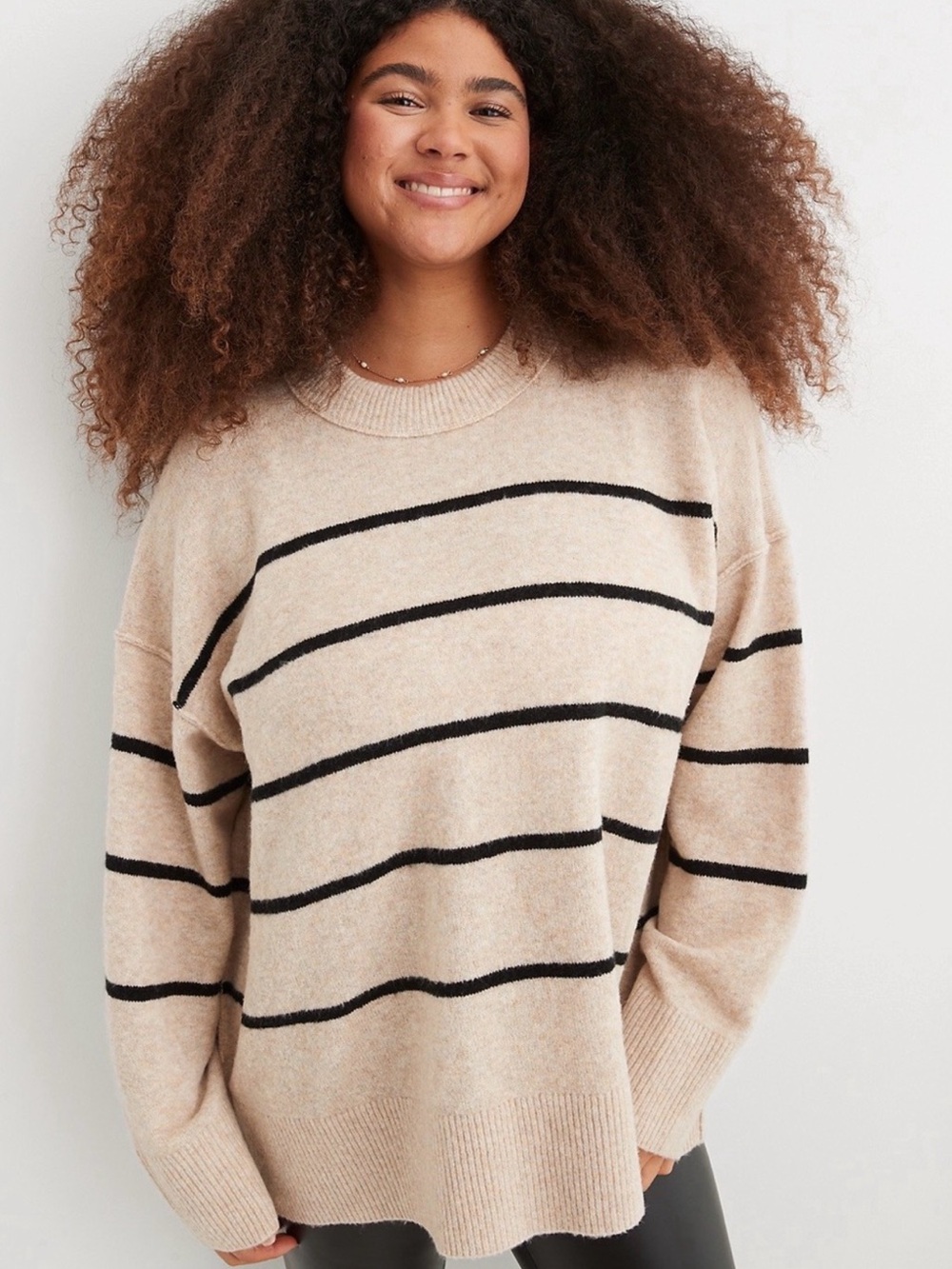 Soho & Stella Wool Blend Oversized Crew Neck Sweater, Tan w/ Black Stripes – L
